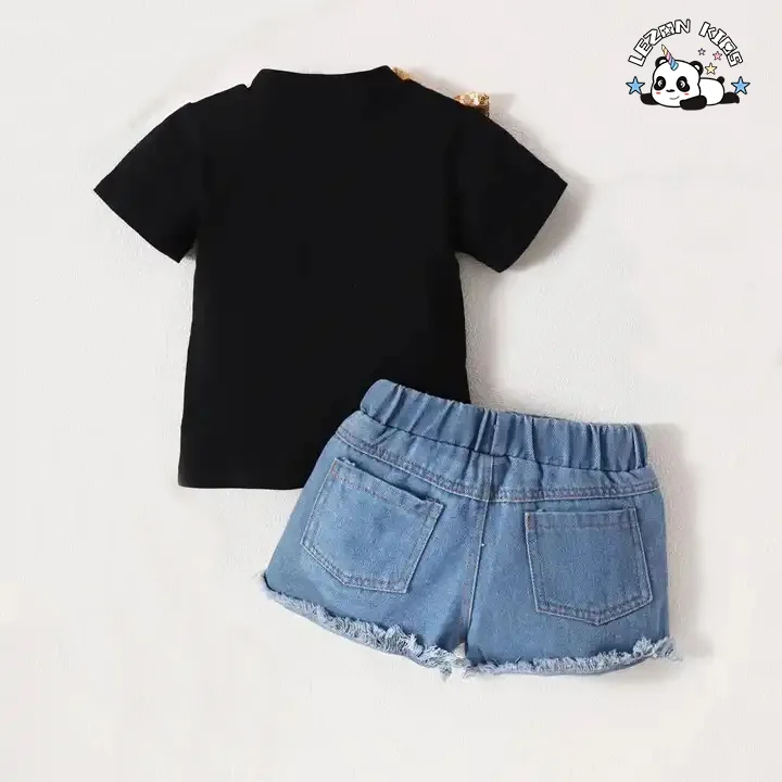 LEZONKIDS - Conjunto de Roupas para Meninas de Verão com Calção de Jeans e Remendos de Lantejoulas para 2 a 14 Anos